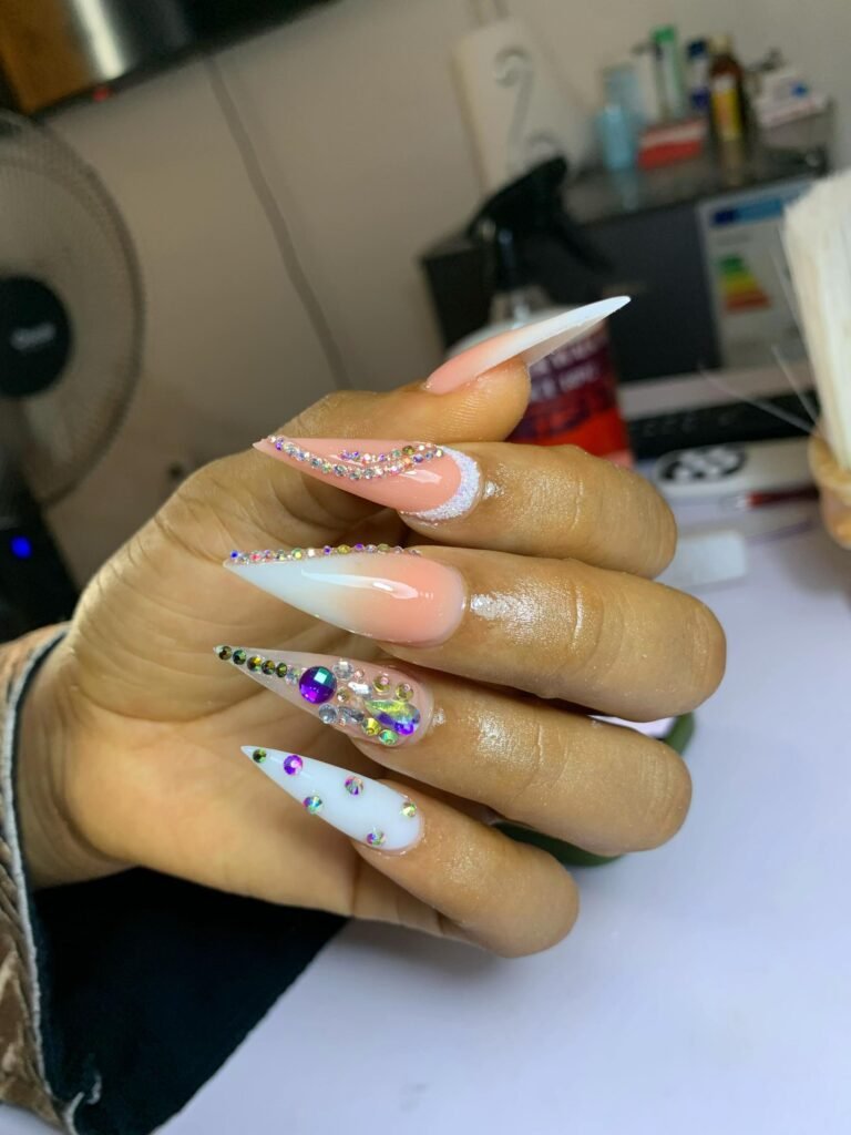 Best nail salon Toronto results — long stiletto polygel nails with crystals